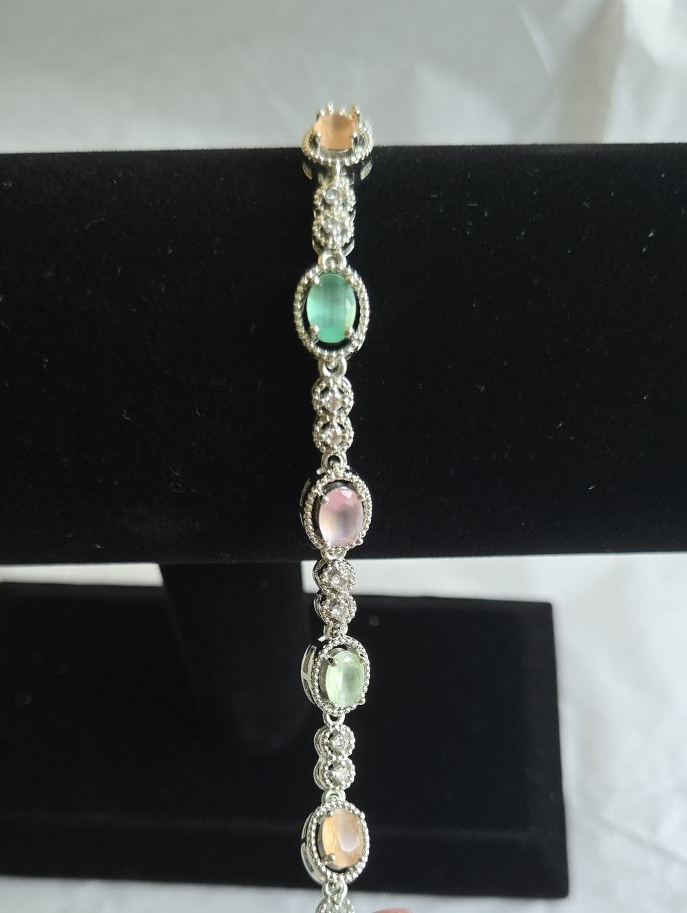 Multi-Gemstone Silver Bracelet in Pastel Green, Pink & Peach - Women Jewelry